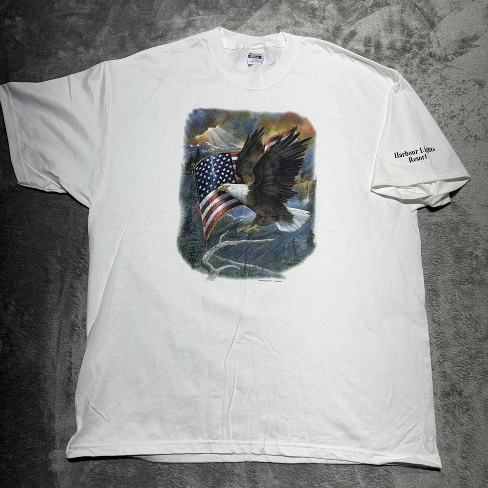 Vintage Hanes Comfort-T White T Shirt Mens XL Eagle American Flag Harbour